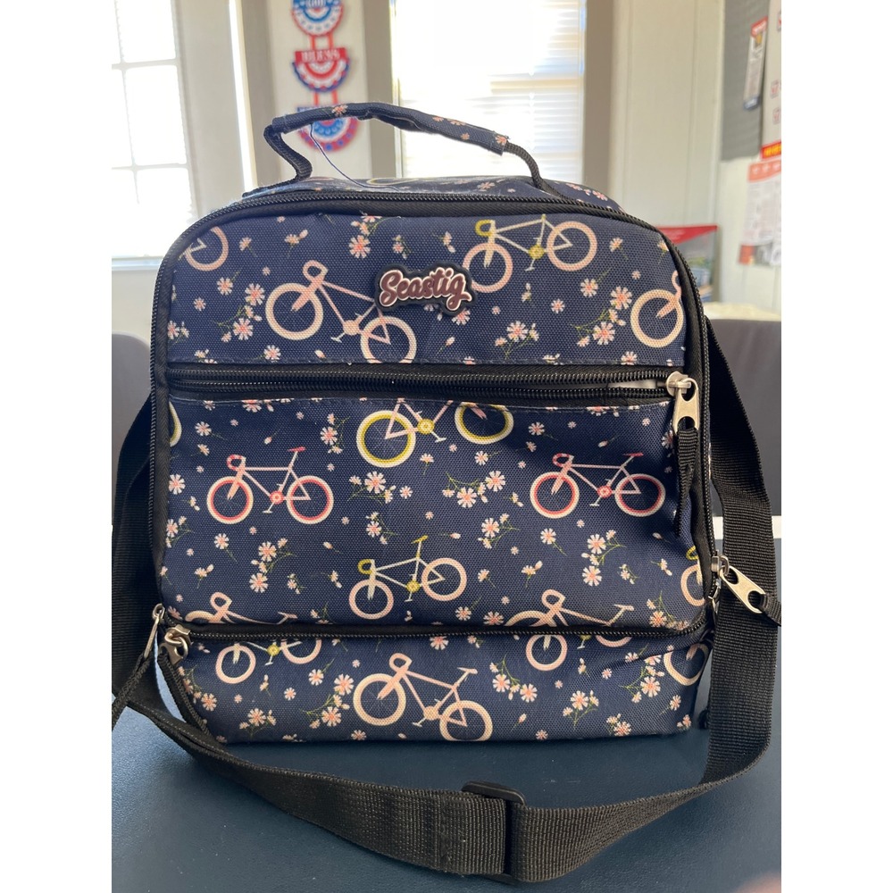 Seasig Navy Blue Bicycle Floral‎ Print Insulated Lunch Bag